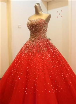 Picture of Gorgeous Red Color Long Tulle Gown, Sparkle Handmade Formal Dress